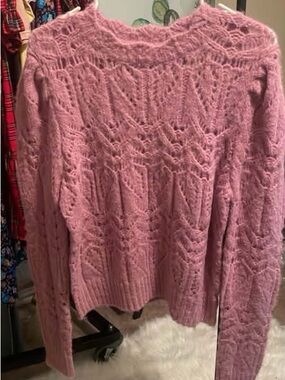 Soft Pink Open-Knit Crewneck Sweater